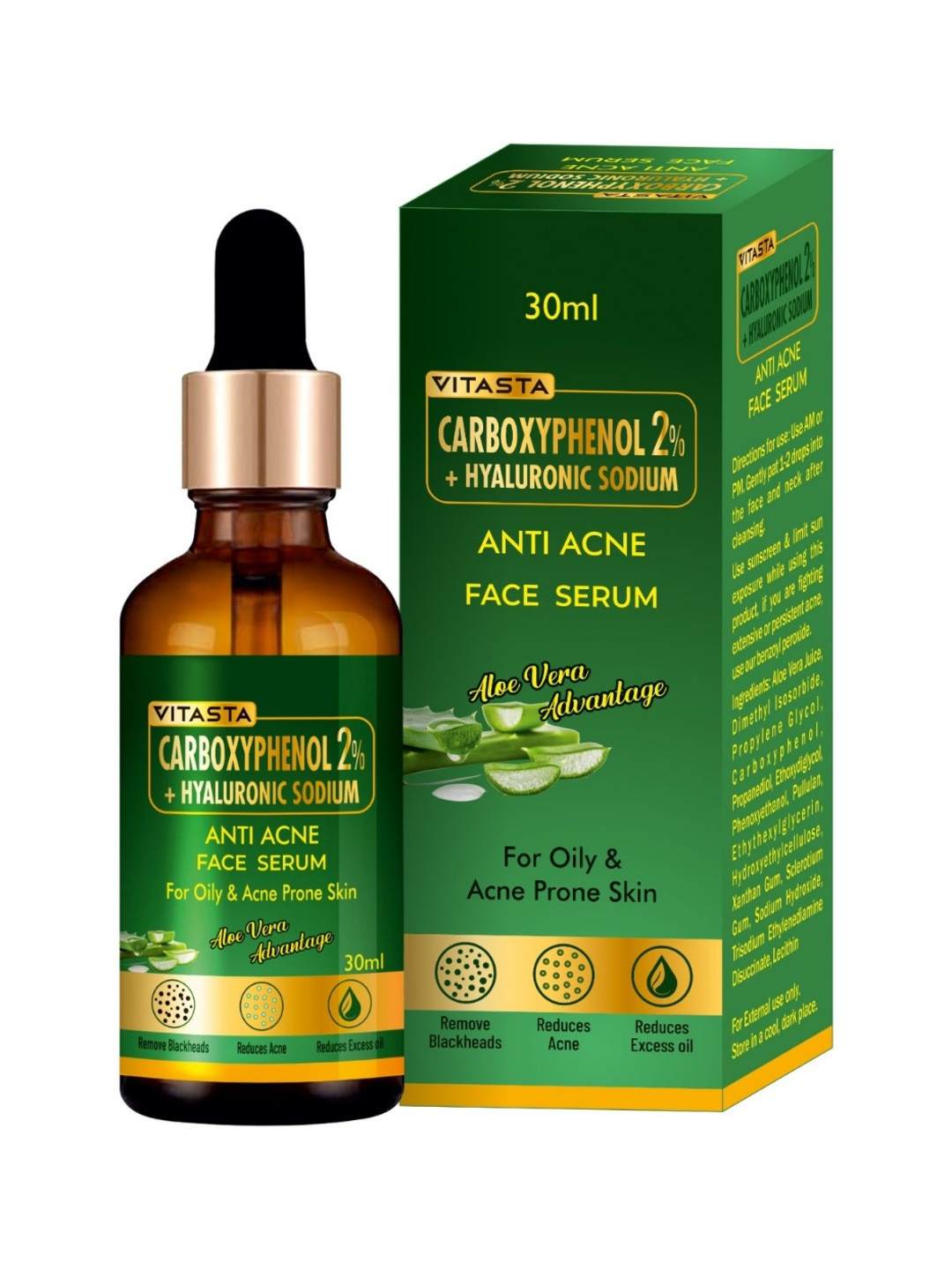 VITASTA Carboxyphenol 2% + Hyaluronic Sodium With Aloevera Acne Face Serum-30ml