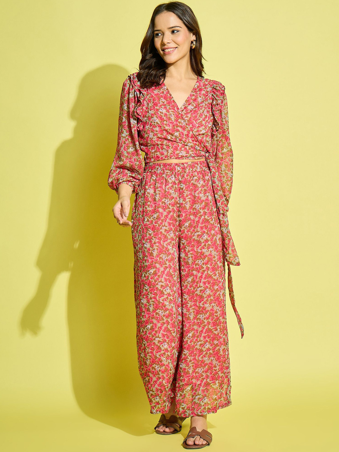 ANVI Be Yourself Floral Printed Ruffled Wrap Crop Top With Palazzos Co-ords Set