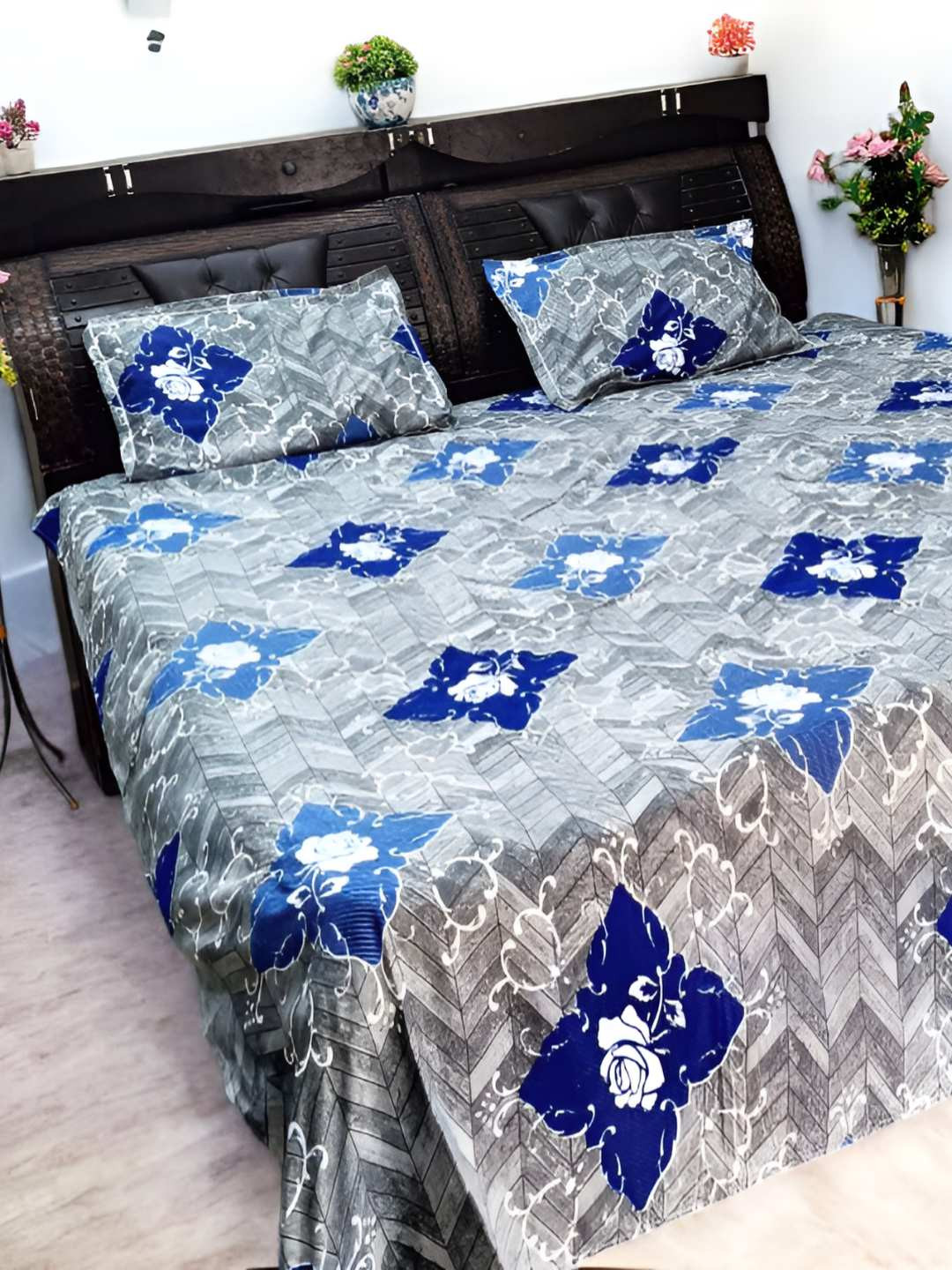 V.R.ENTERPRISES Blue Ethnic Motifs Cotton 210 TC Queen Fine Bedsheet with 2 Pillow Covers-98 x 88 inches