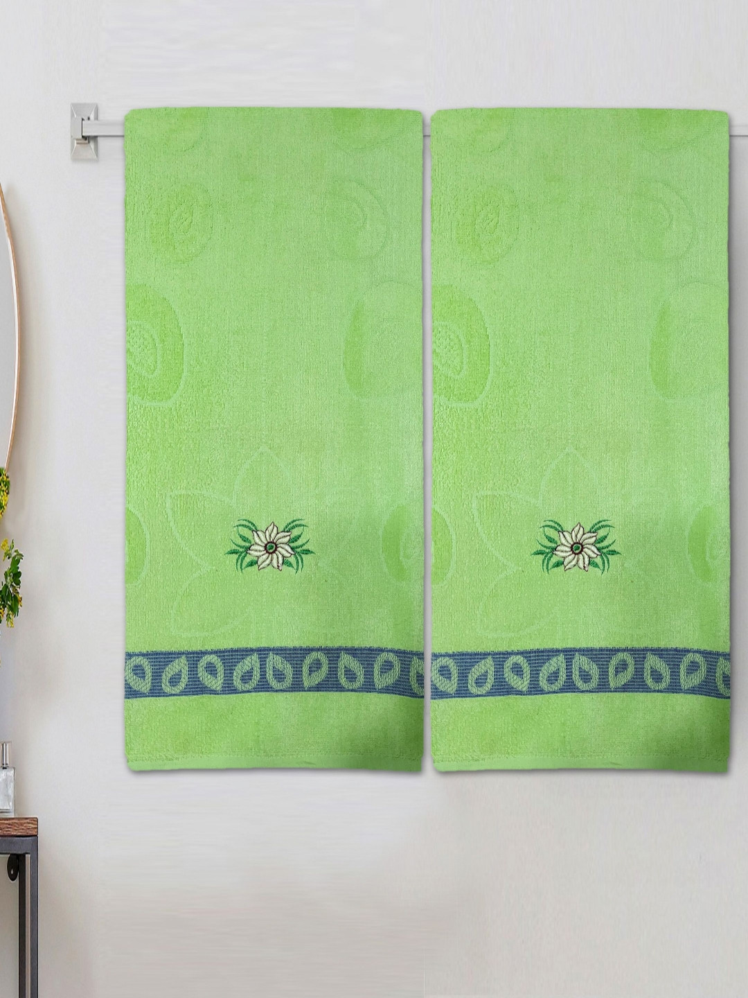 ANA Green & Violet 2 Pieces Floral Embroided Cotton 350 GSM Bath Towel