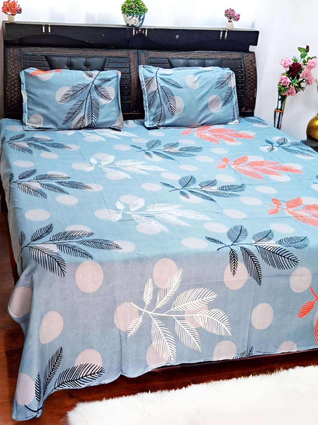 V.R.ENTERPRISES Blue Leaf Cotton 210 TC Queen Fine Bedsheet with 2 Pillow Covers-250 x 223 cm