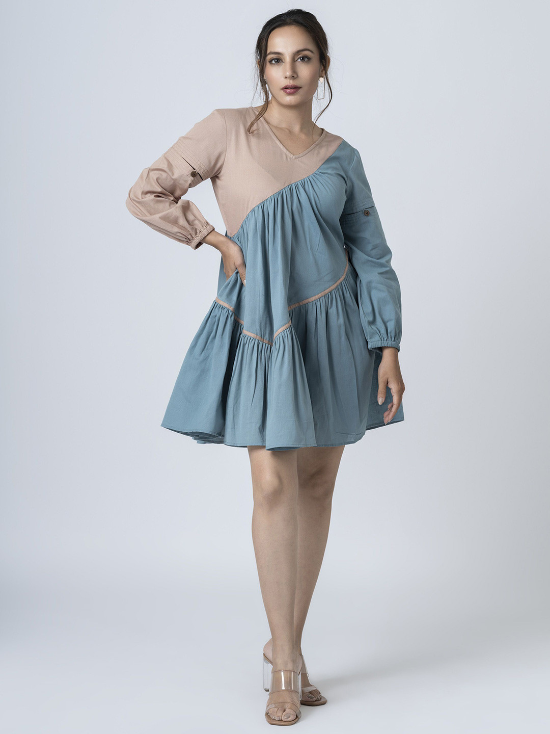 BOONS n PERKKS Women Colourblocked V-Neck Fit & Flare Mini Dress