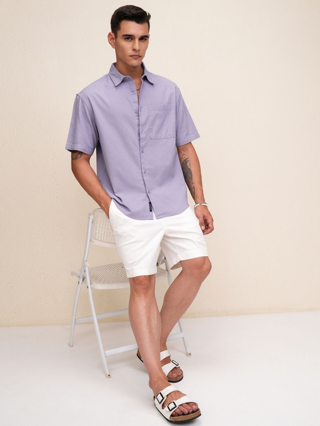 HIGHLANDER Men Lino Dobby Textureded Solid Oversized Shirt