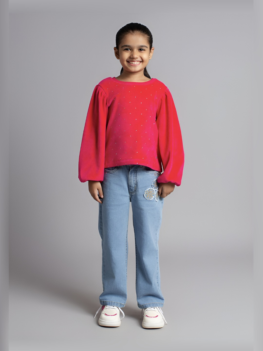 Ed-a-Mamma Girls Bio Finish Self Design Round Neck Cotton Relaxed Fit T-shirt