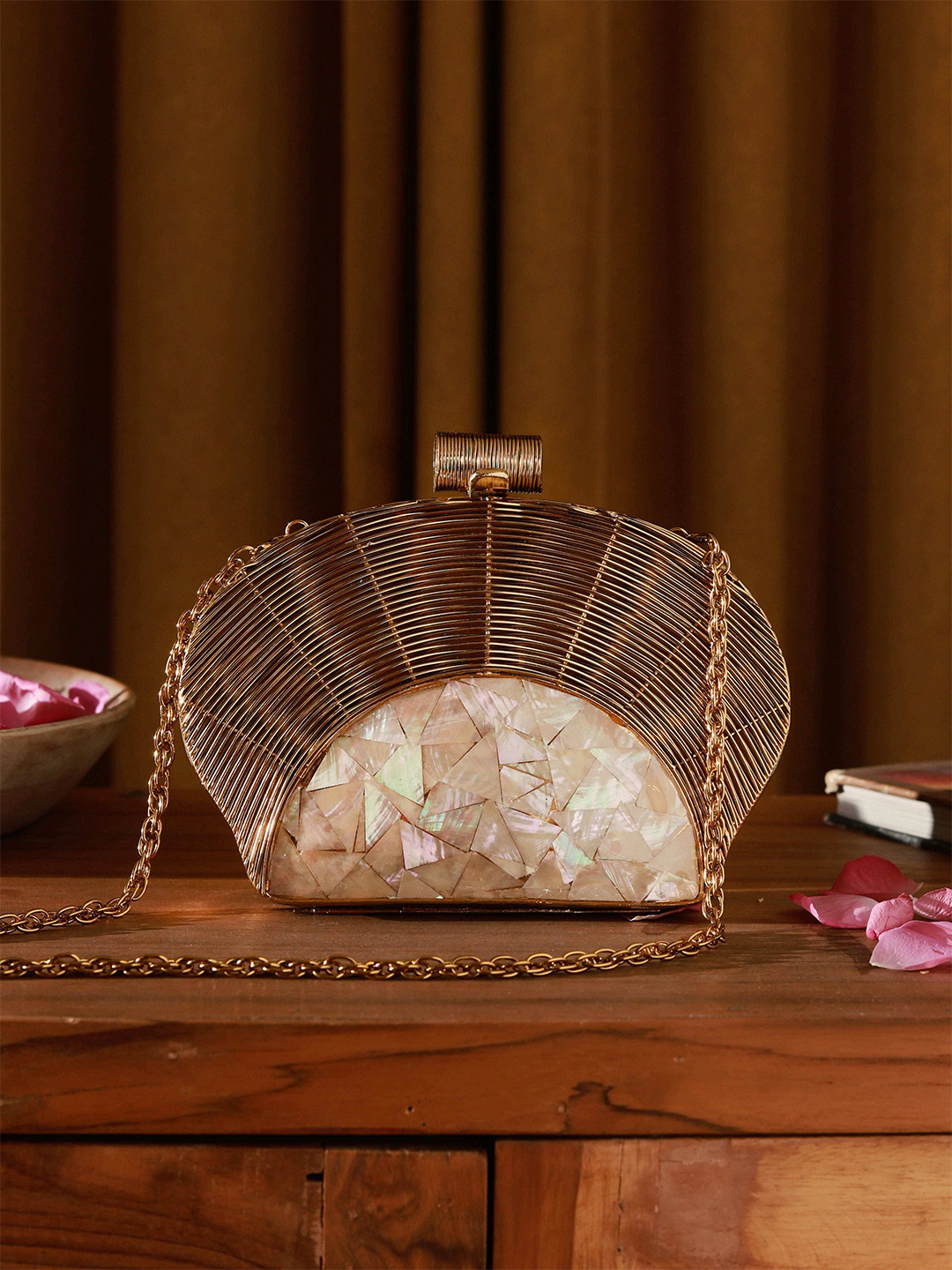 THE TAN CLAN Tiara Embellished Mother of Pearl Box Clutch