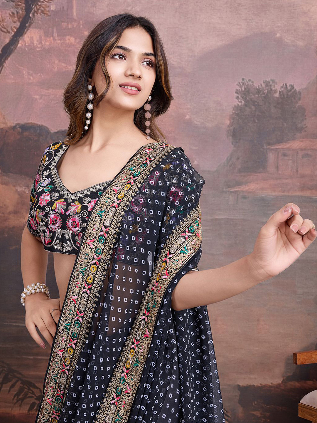 House of Pataudi Bandhani Design Embroidered Saree With Blouse Piece