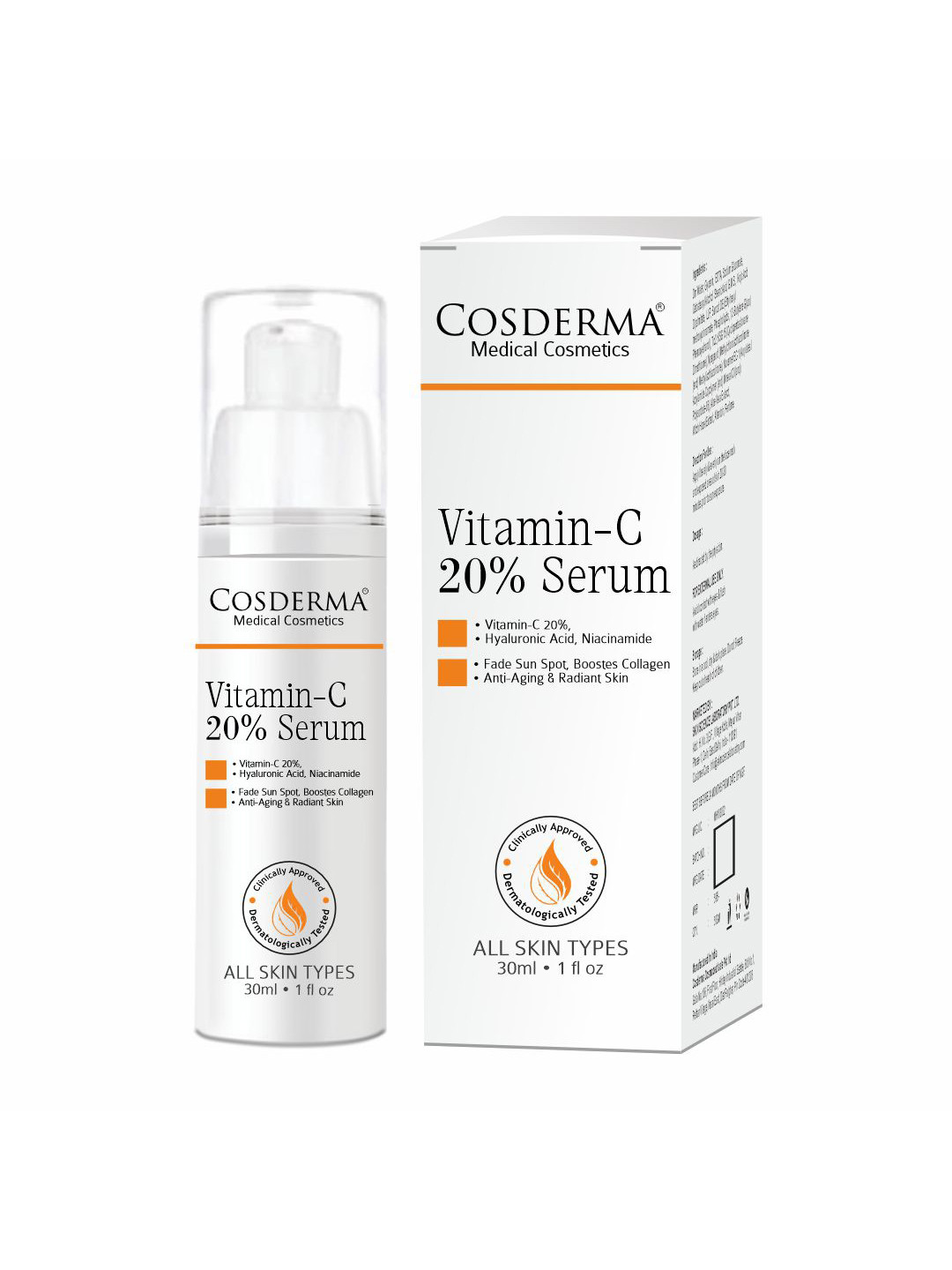 COSDERMA Vitamin C 20% Serum Improves Skin Texture With  Hyaluronic Acid-30ml