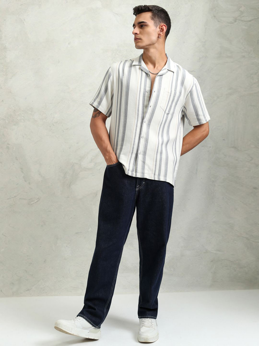 HIGHLANDER Men Creamoff Dobby Textured Striped Cuban Collar Relaxed Shirt