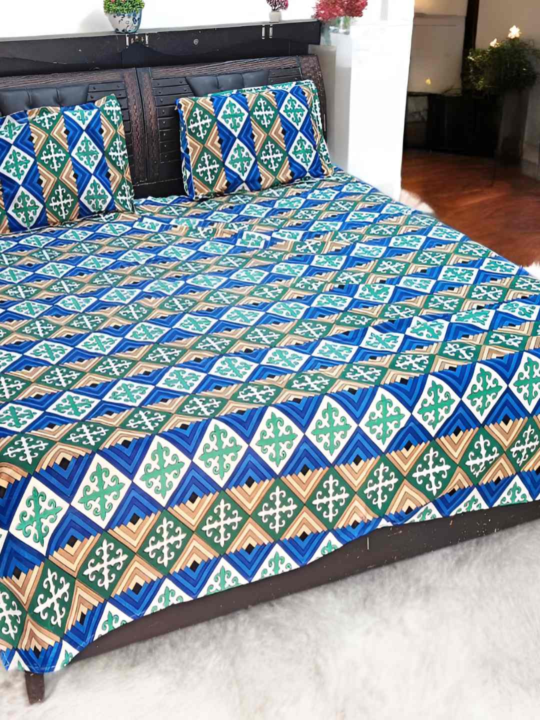 V.R.ENTERPRISES Blue Ethnic Motifs Cotton 210 TC Queen Fine Bedsheet with 2 Pillow Covers-98 x 88 inches