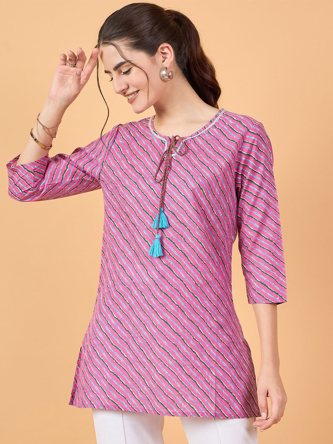 NEESH Women Horizontal Striped Tie-Up Neck Cotton Top