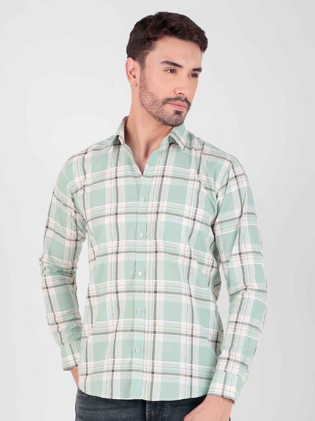 DESIGN UP Men Cotton Casual Checkered Long Sleeve Smart Collar Slim Fit Shirt