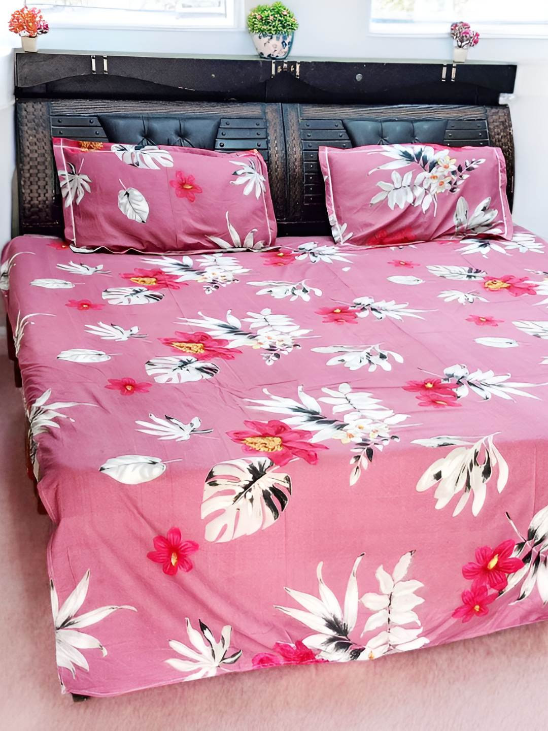 V.R.ENTERPRISES Pink Floral Cotton 210 TC Queen Fine Bedsheet with 2 Pillow Covers-98 x 88 inches
