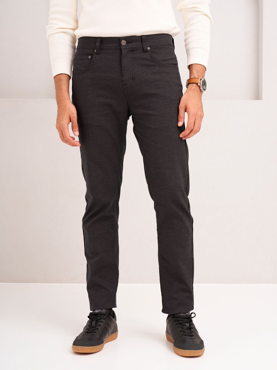 The Pant Project Men Wood Brown Checks Jino Slim Fit Stretchable Cotton Jeans