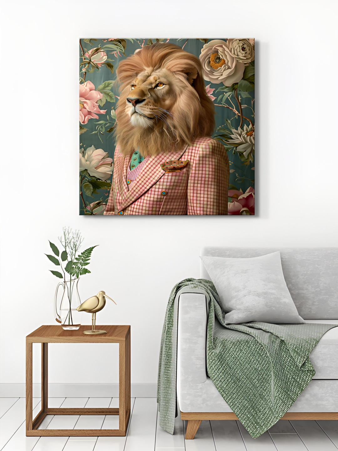 999Store Grey & Pink Checkered Suit Lion Canvas Wall Paintings