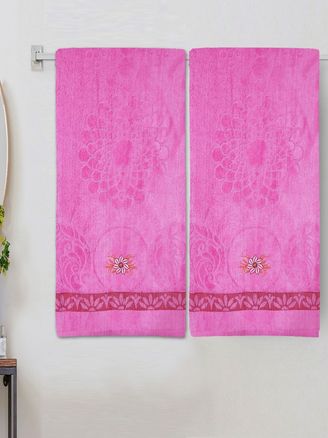 ANA Pink & Blue 2 Pieces Floral Embroidered 350 GSM Cotton Bath Towel