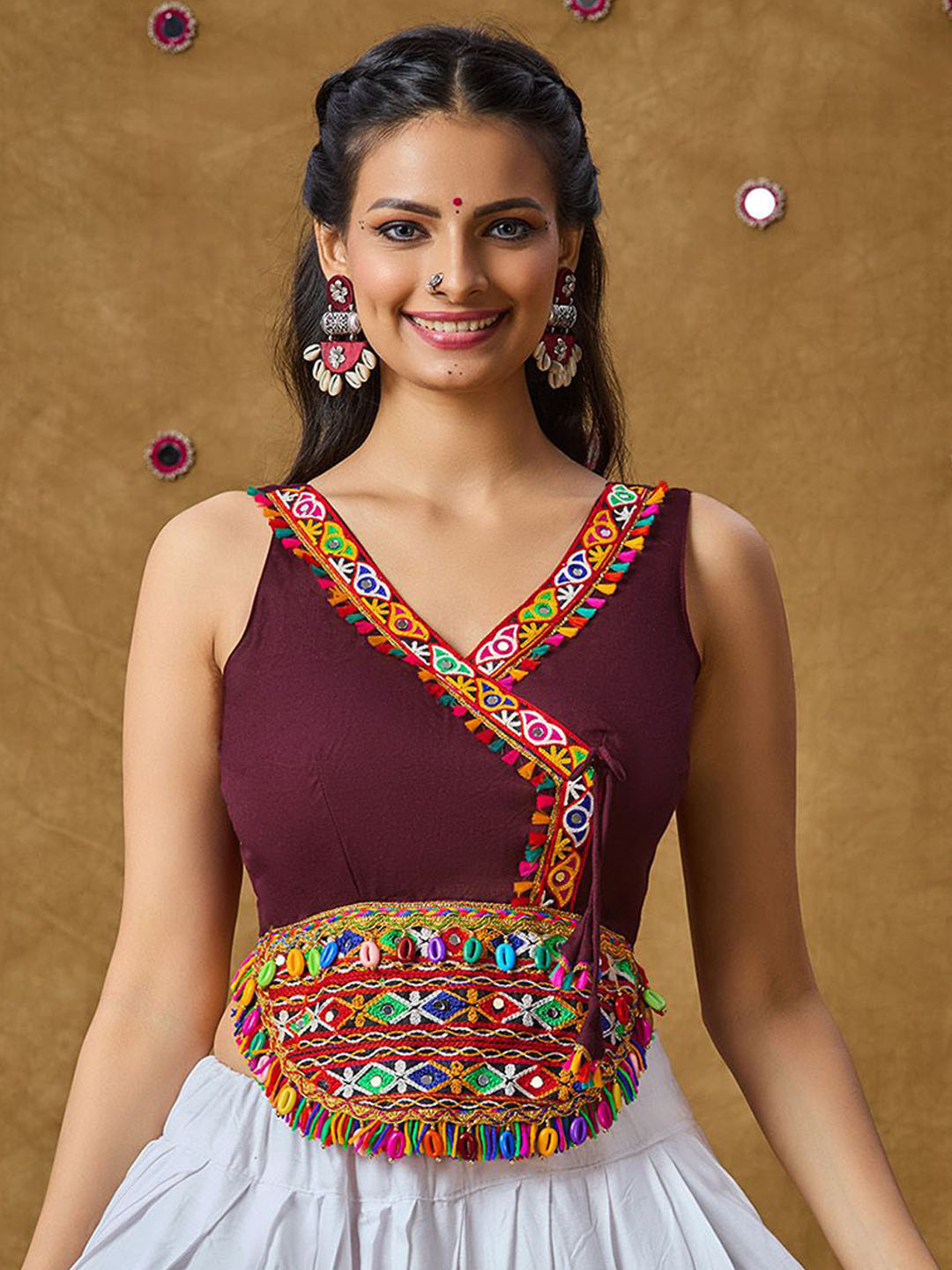 SALWAR STUDIO Women Wine Cotton Garba Angarakha Style Readymade Blouse