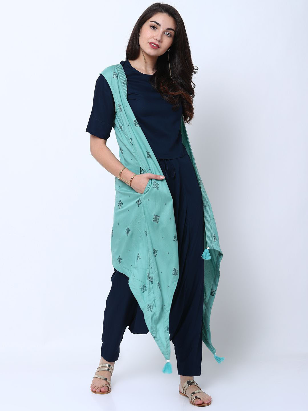 Vishudh Navy Blue Round Neck Crop Top with Low Crotch Trouser & Printed Jacket