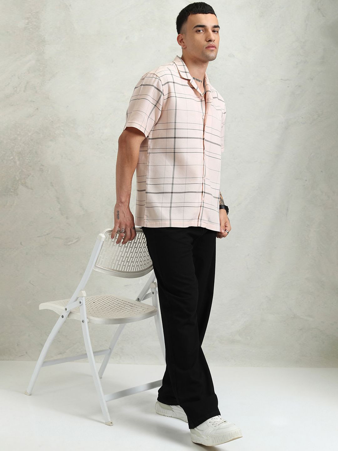 HIGHLANDER Men Micro Waffle Dobby Checked Cuban Collar Relaxed Shirt