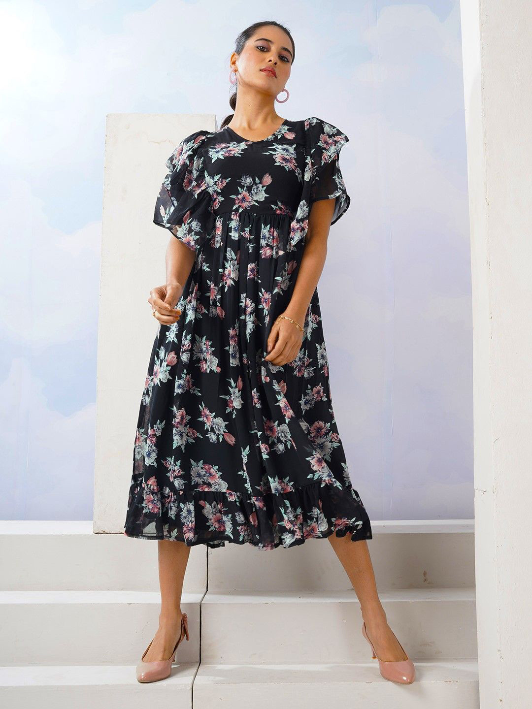 Selvia Women's Floral Print Flared Sleeve Fit & Flare Midi Dress