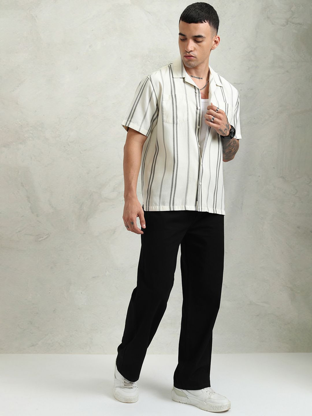 HIGHLANDER Men Off Mini Waffle Dobby Textured Striped Cuban Collar Relaxed Shirt