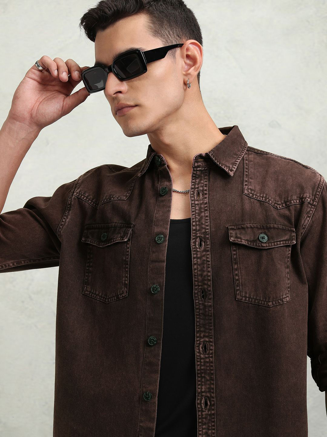 HIGHLANDER Men Burgandy Oversized Denim Shirt