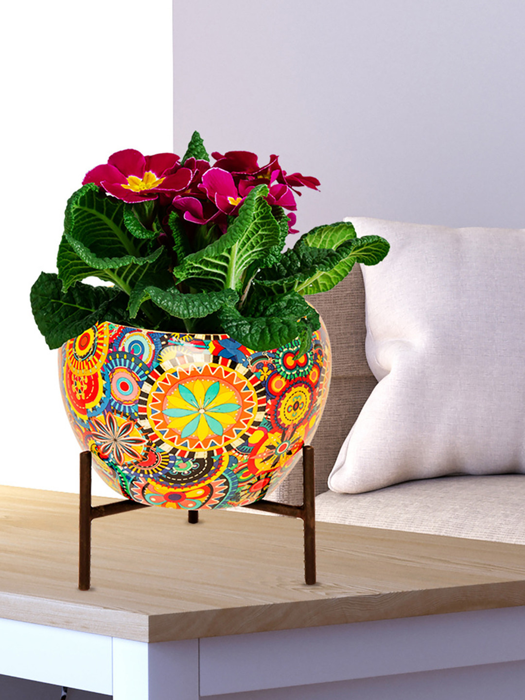 House of Sajja Blue & Orange-Coloured Ethnic Motifs Ceramic Planter With Stand