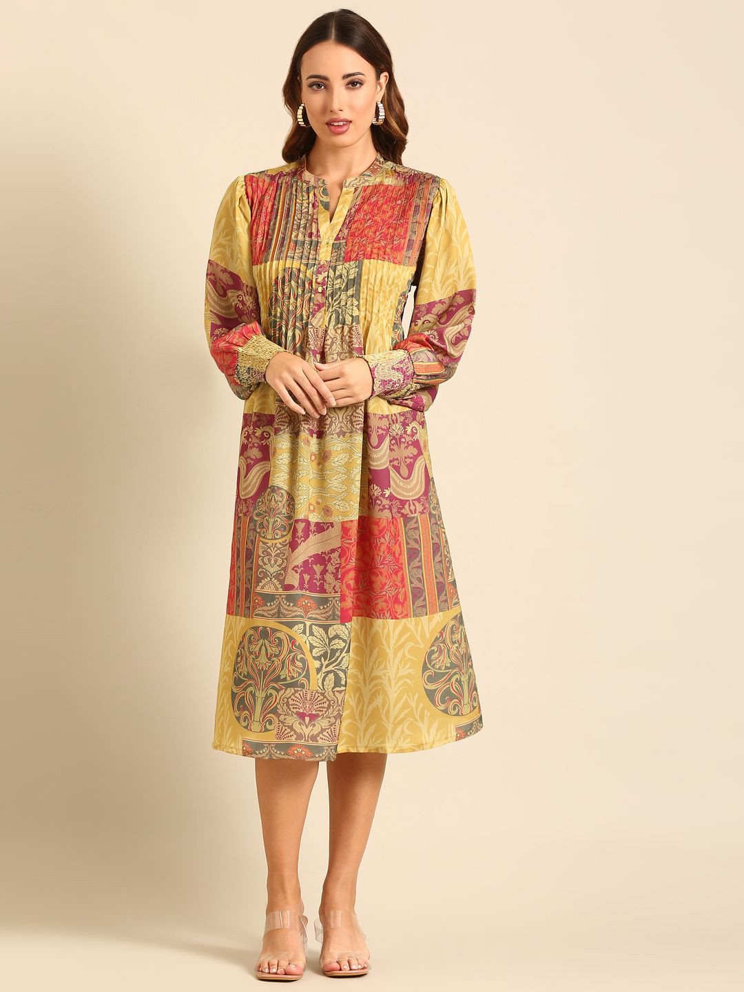 De Moza Print Crepe Women A-Line Midi Dress