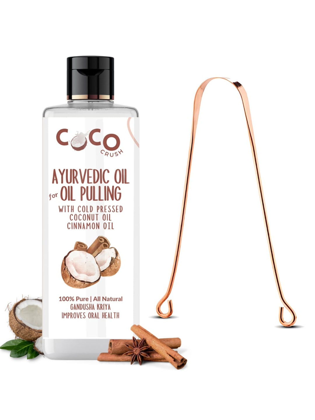 Coco Crush Ayurvedic Coconut & Cinnamon Oil For Oil Pulling With Tongue Cleaner- 200ml