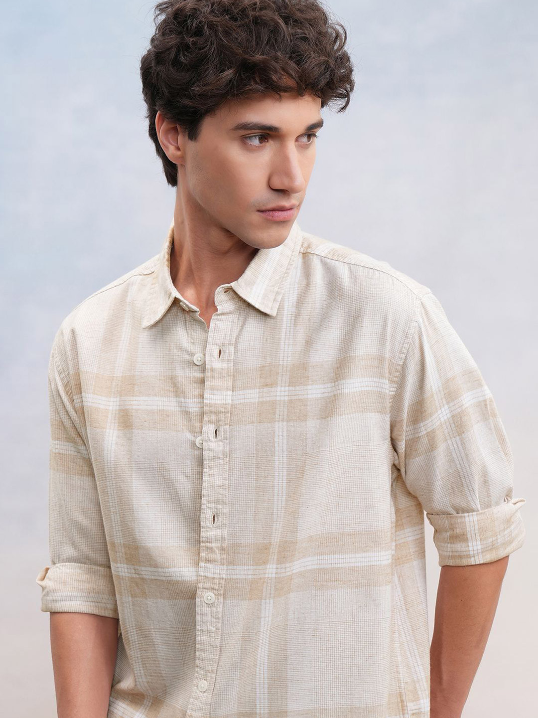 HIGHLANDER Men Natrual Yarn Checked Oversized Casual Shirt