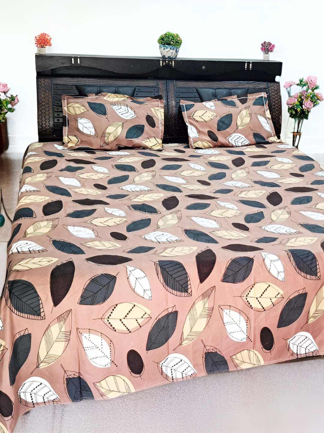 V.R.ENTERPRISES Pink Leaf Cotton 300 TC King Fine Bedsheet with 2 Pillow Covers-98 x 88 inches