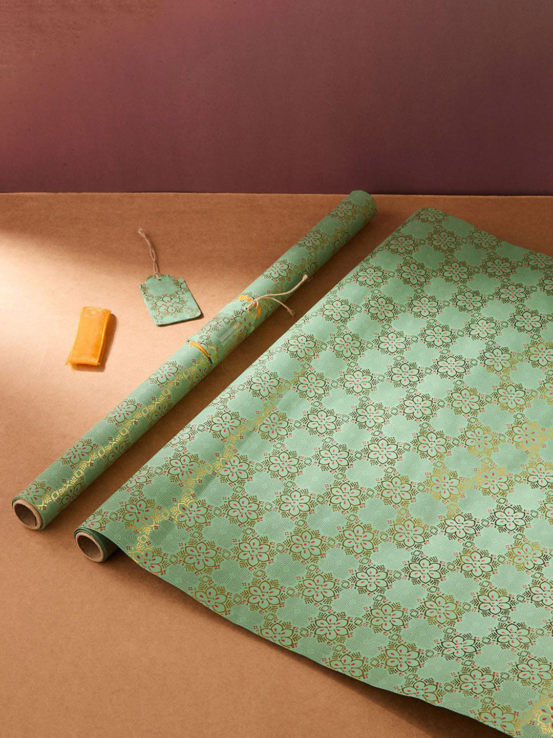 Fabindia Green & Gold-Toned 2 Pieces Paper Printed Sarkhaab Wrapping Sheet