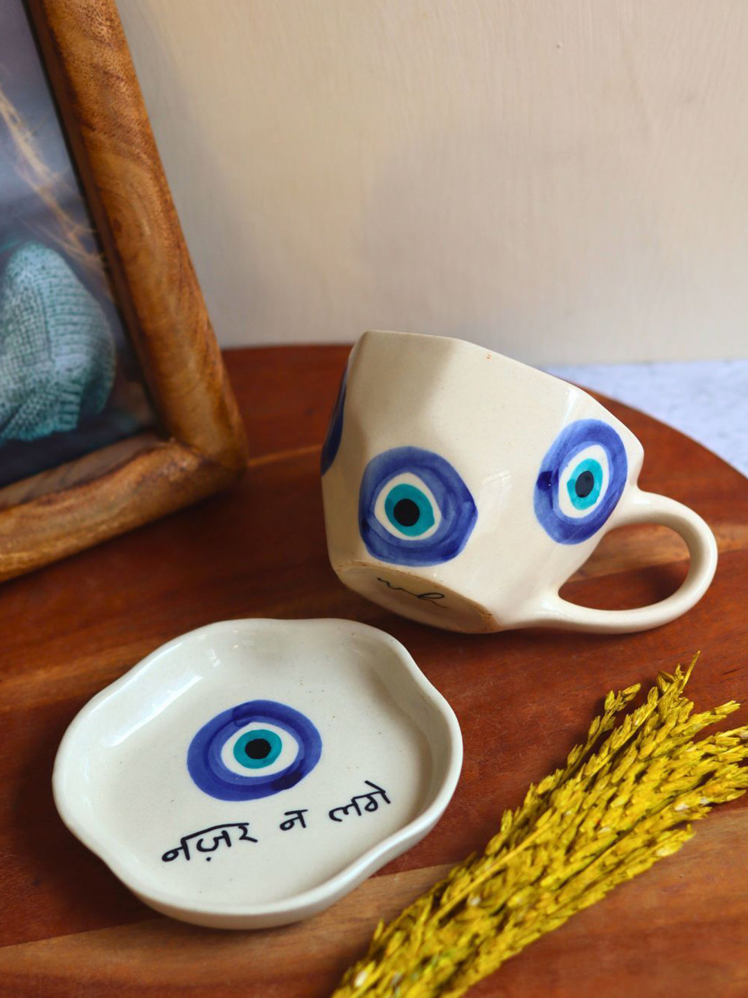 WEAVING HOMES Lets Never Split White Geometric Ceramic Handmade 2 Piece Mugs-220ml