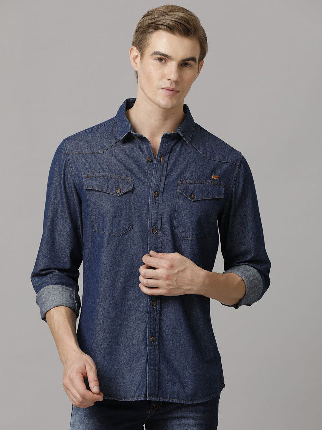 TEMPLE OF DENIM Men India Slim Spread Collar Solid Denim Casual Shirt