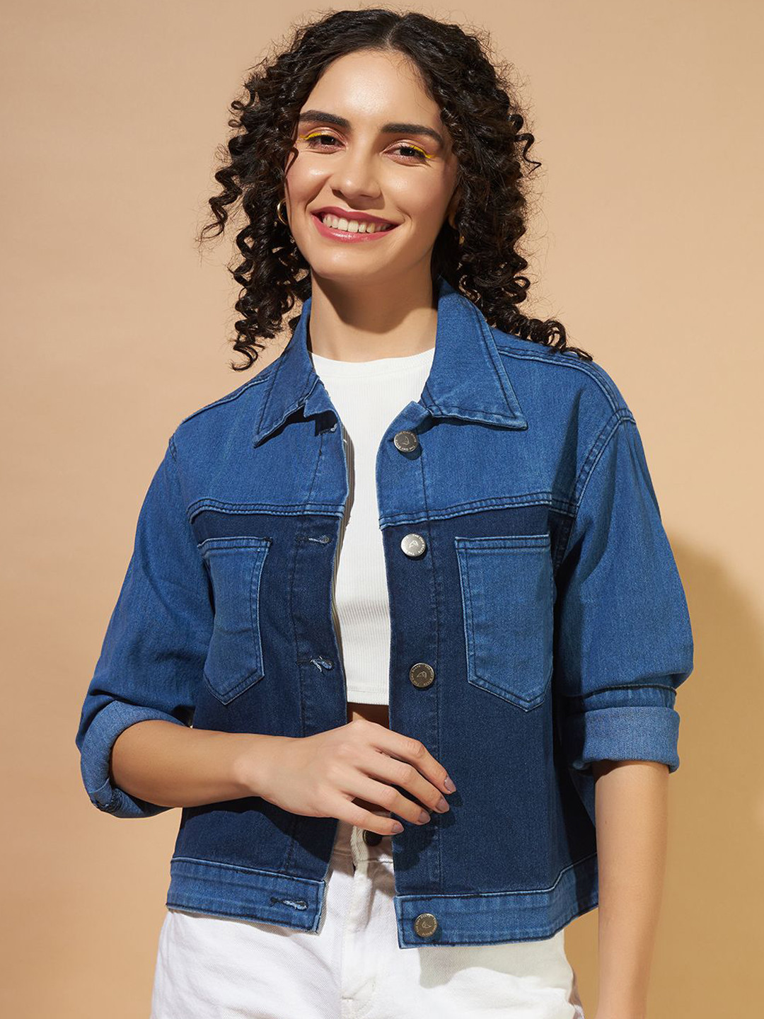 The Dry State Women Colourblocked Denim Casual Winter Wear Jacket