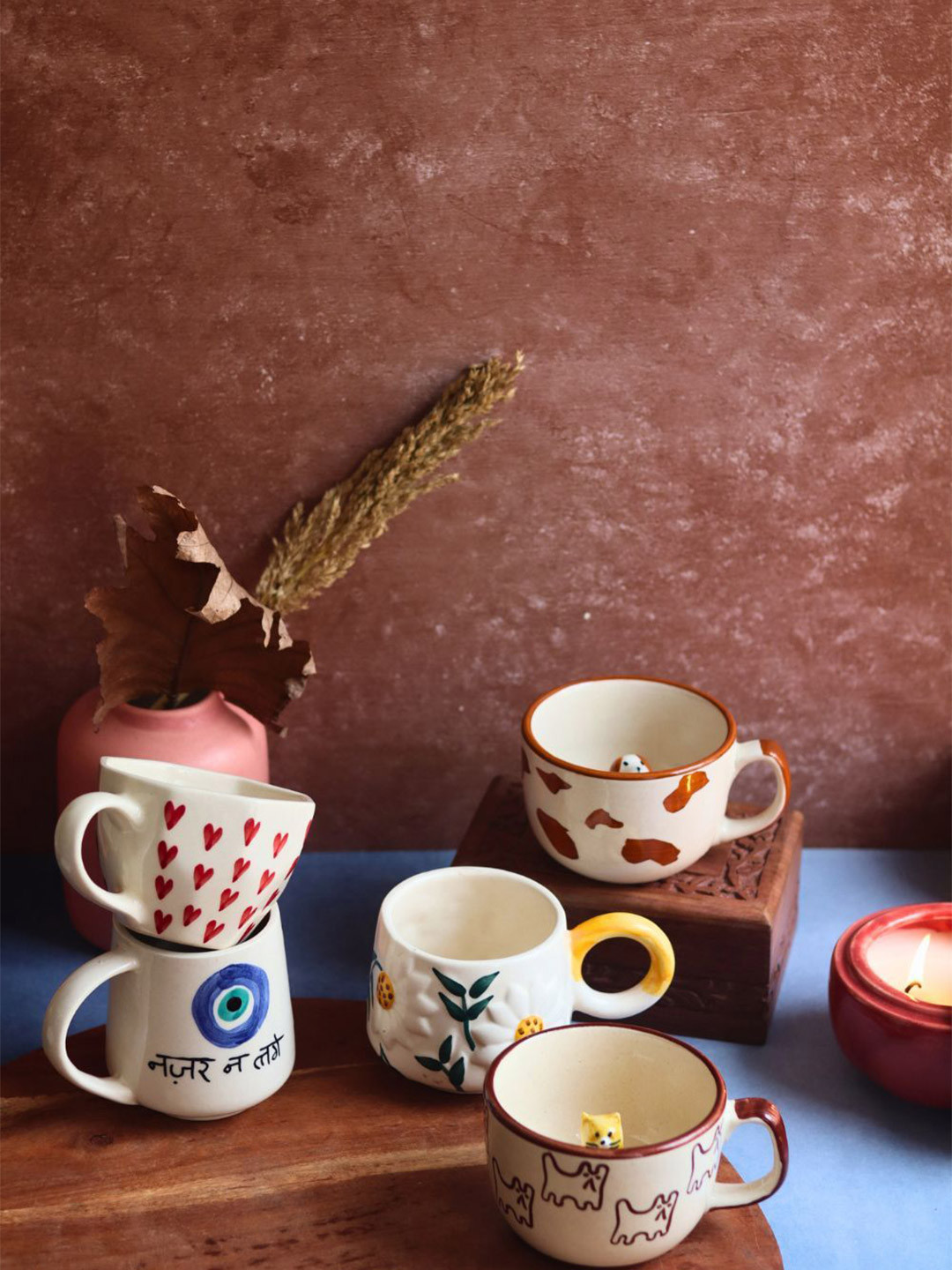 WEAVING HOMES White Animal Print Ceramic Handmade 5 Piece Mugs-220ml