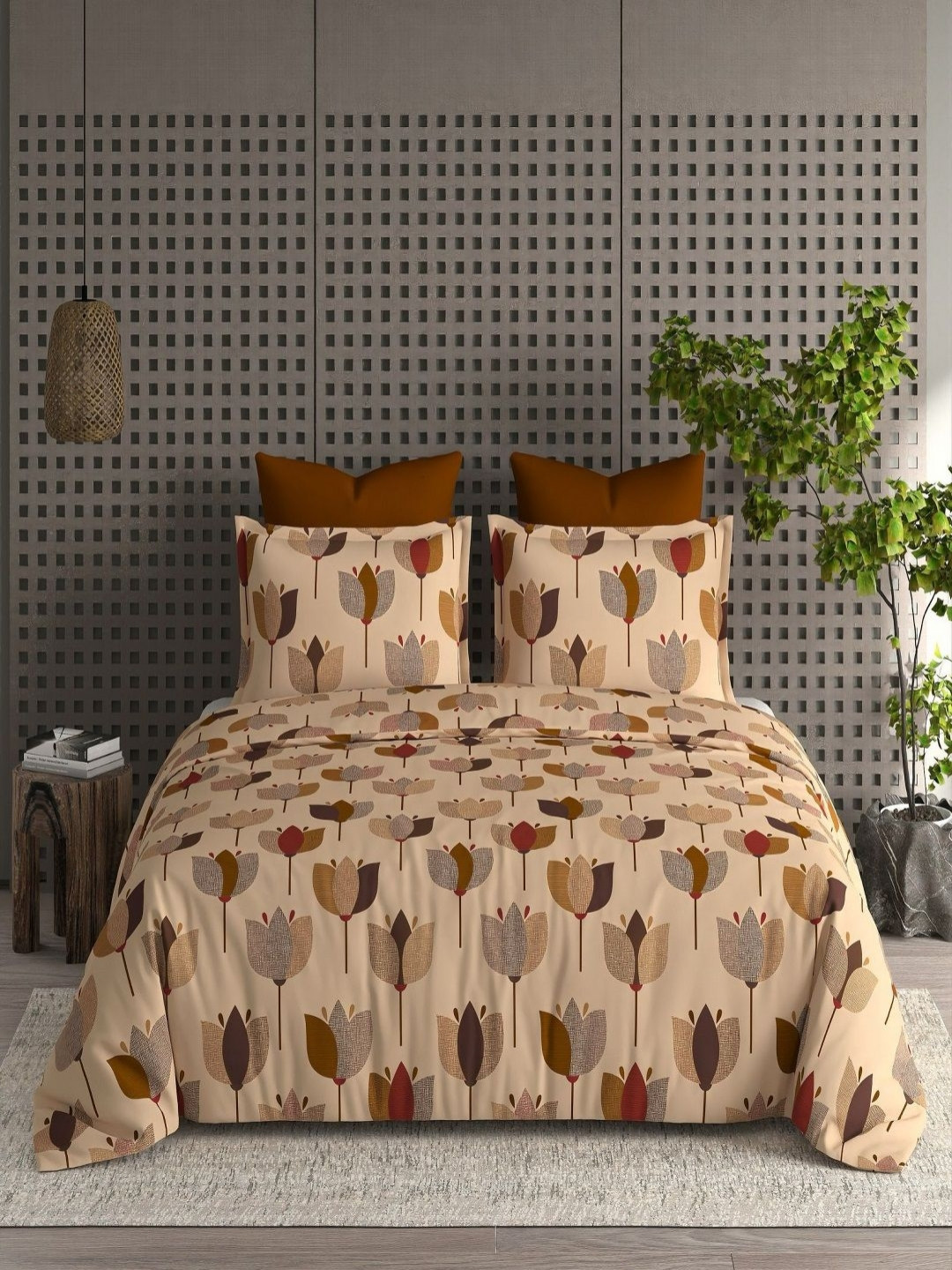 CHICERY Beige & Maroon Lotus Printed Pure Cotton Heavy Winter 350GSM Single Bed Comforter