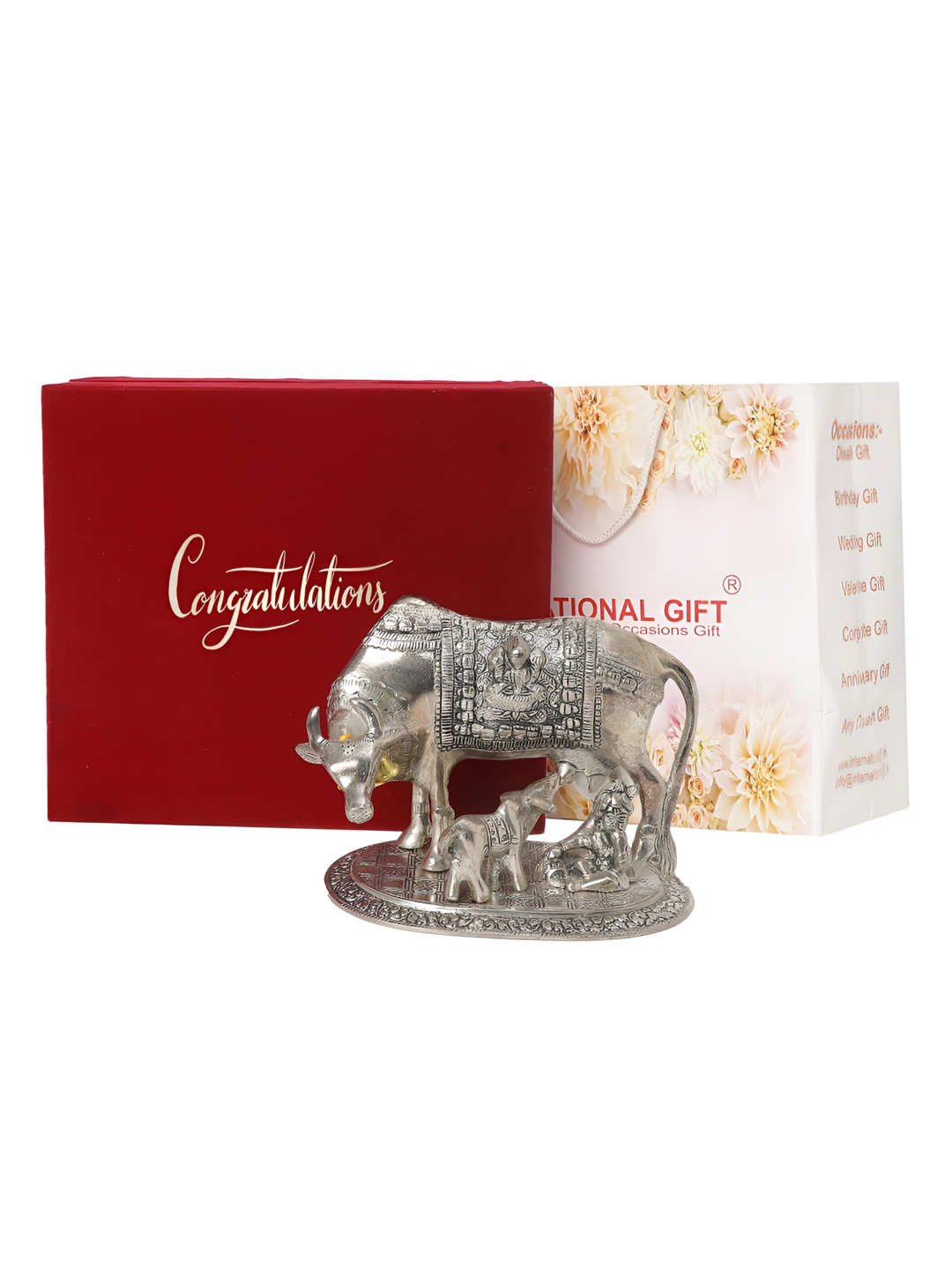 INTERNATIONAL GIFT Kamdhenu Cow with Calf Silver Metal Metallic Prayer Room Medium Showpiece - 5.1 Inches