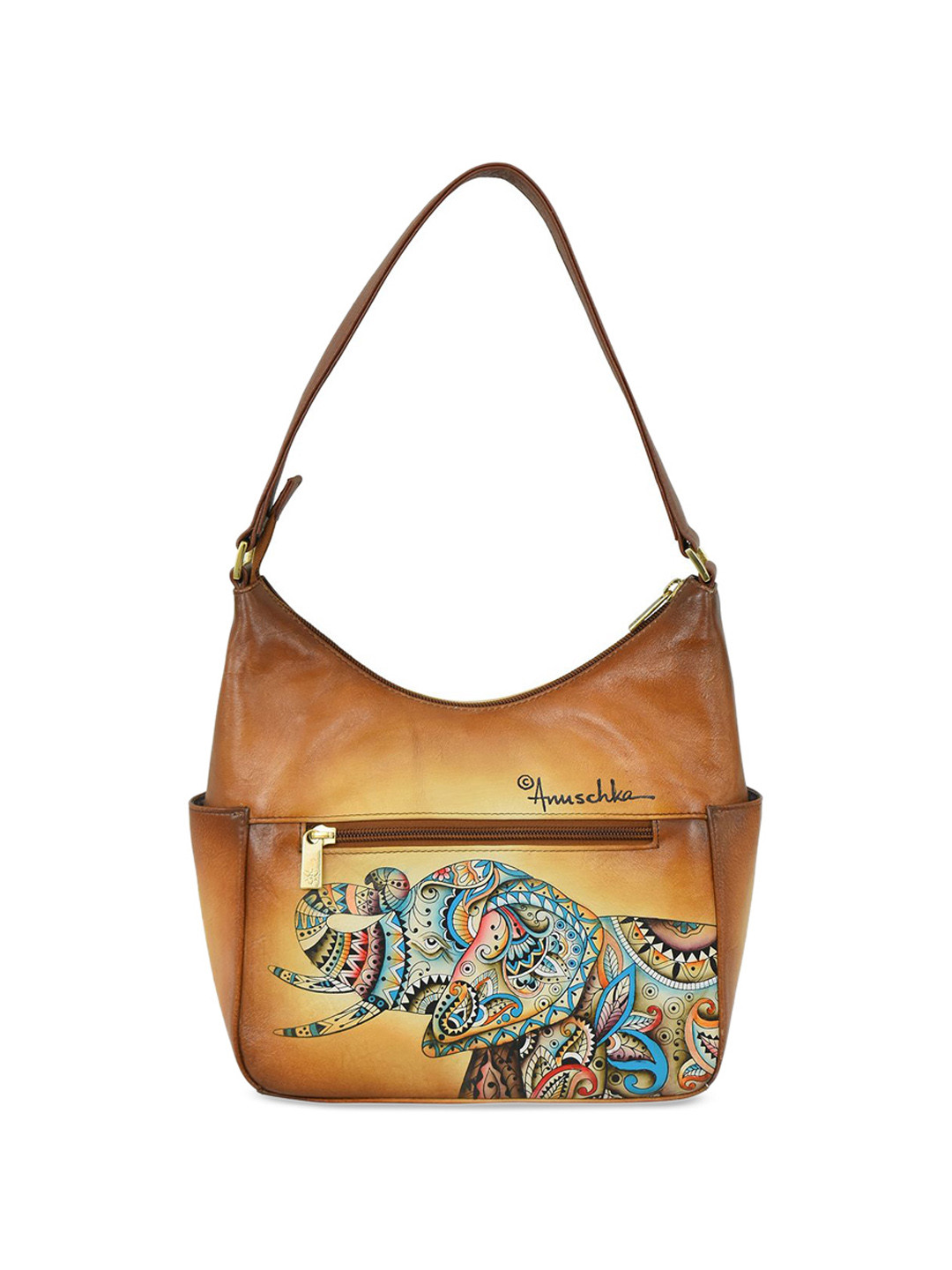 Anuschka Women Elephant Mandala Hand Painted Leather Classic Hobo