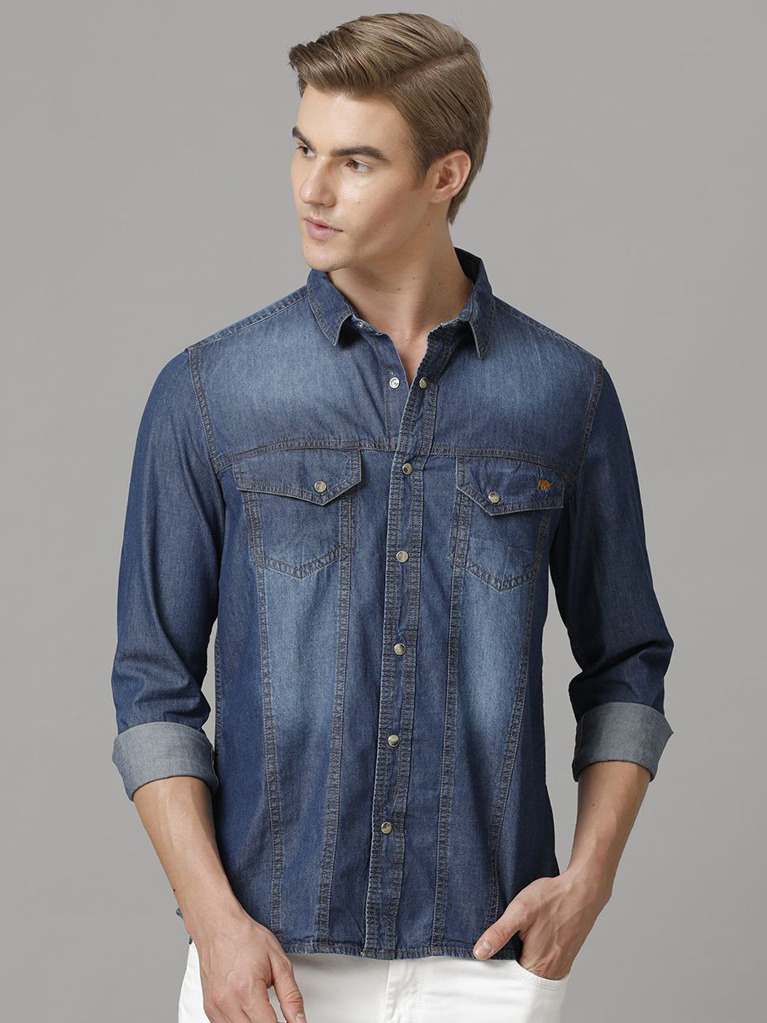TEMPLE OF DENIM Men India Slim Spread Collar Solid Denim Casual Shirt