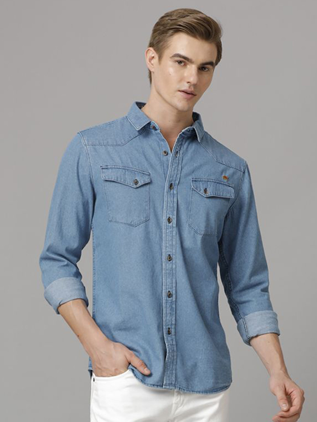 TEMPLE OF DENIM Men India Slim Spread Collar Solid Denim Casual Shirt