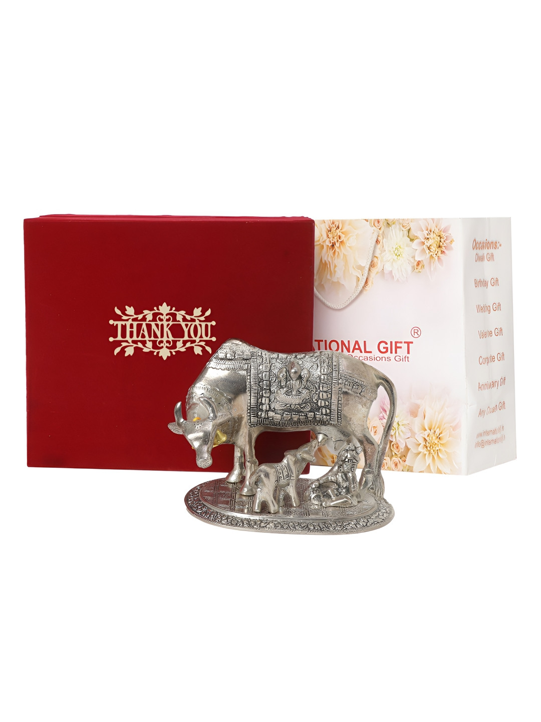 INTERNATIONAL GIFT Kamdhenu Cow with Calf with Box, Carry Bag & Thank You Tag Silver Metal Metallic Prayer Room Medium Showpiece - 7.9 Inches