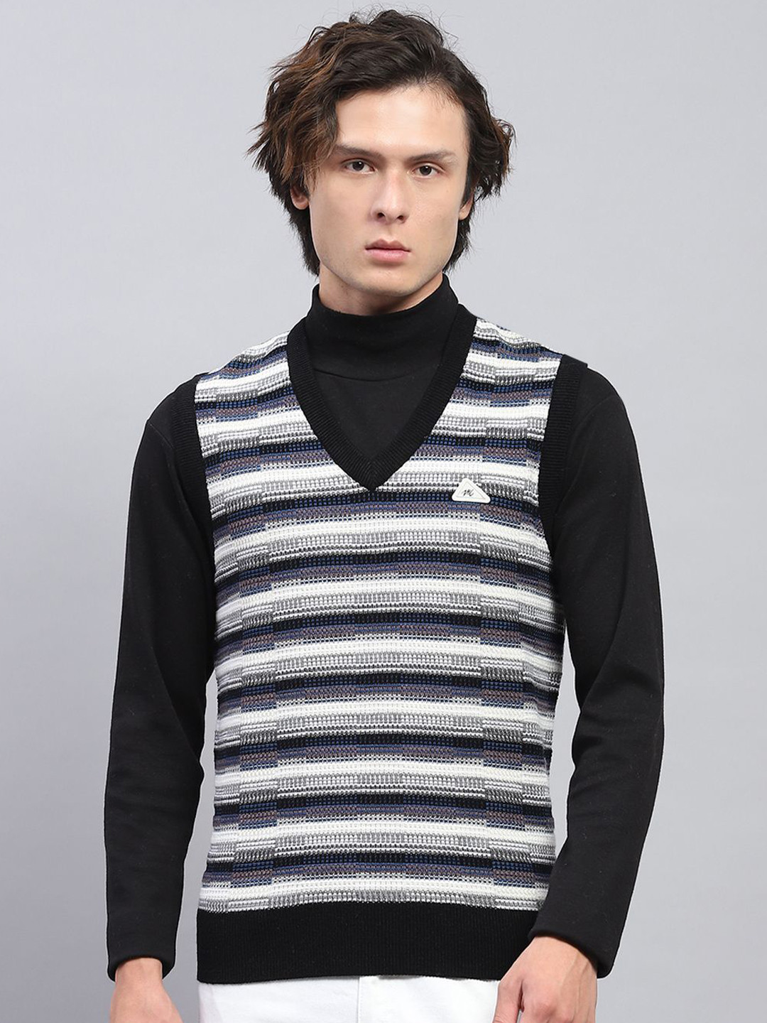 Monte Carlo Men Self Design V Neck Sleeveless Cable Knit Woollen Sweater Vest