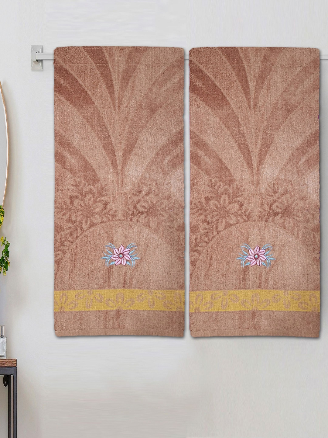 ANA Brown & Pink 2 Pieces Floral Embroidered 350 GSM Cotton Bath Towel
