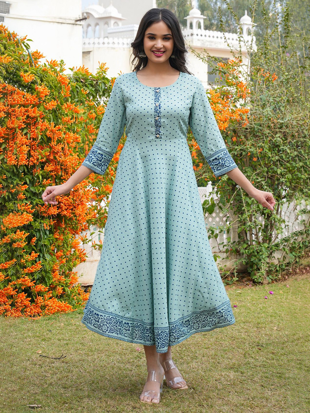 MF Hayat Polka Dot Printed Floral Anarkali Kurta