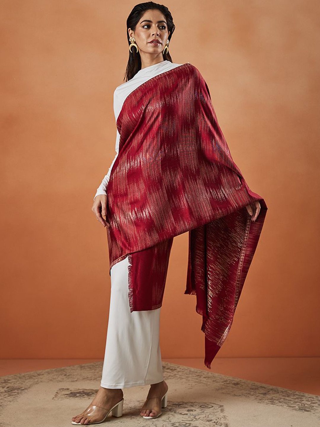 Pashmoda Abstract Woven Design Fringed Shawl