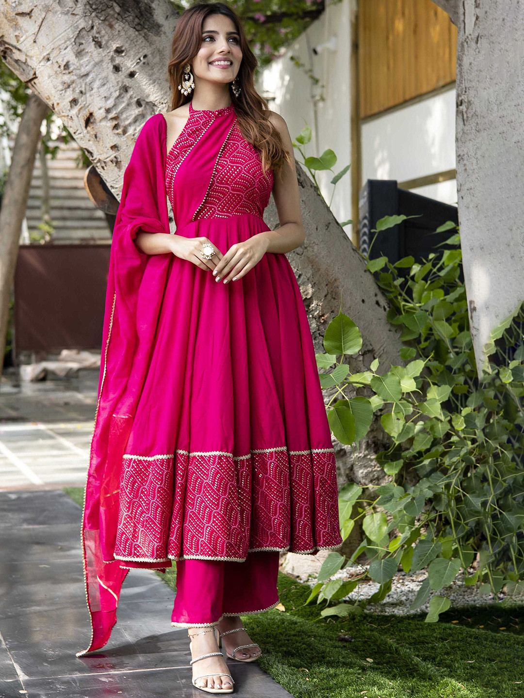 LABEL ADITI HUNDIA Bandhani Printed Gotta Patti Anarkali Fusion Kurta with Trousers & Dupatta