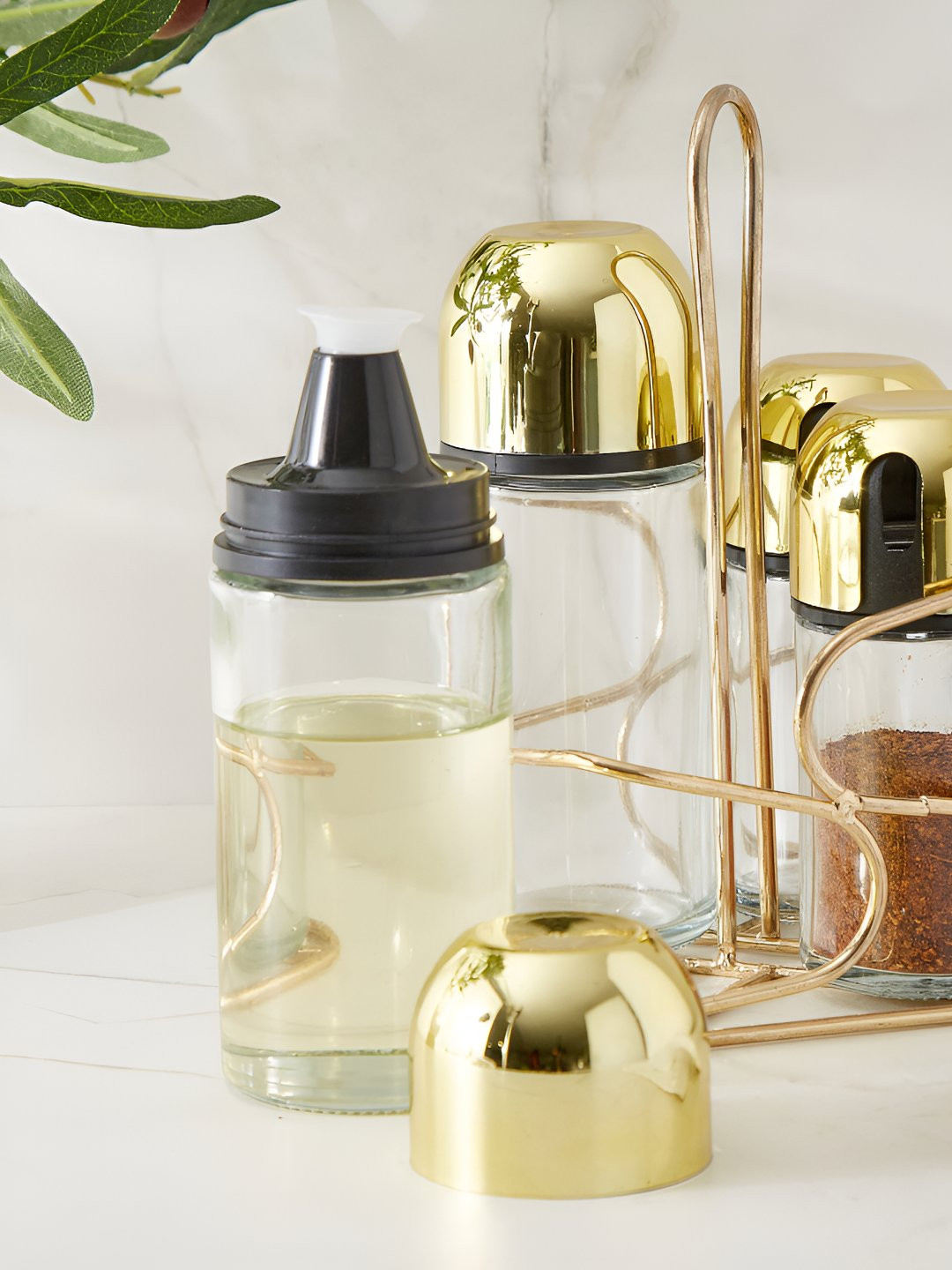 Home Centre Travis Devon Transparent & Black 4-Pcs Glass Cruet Set With Stand