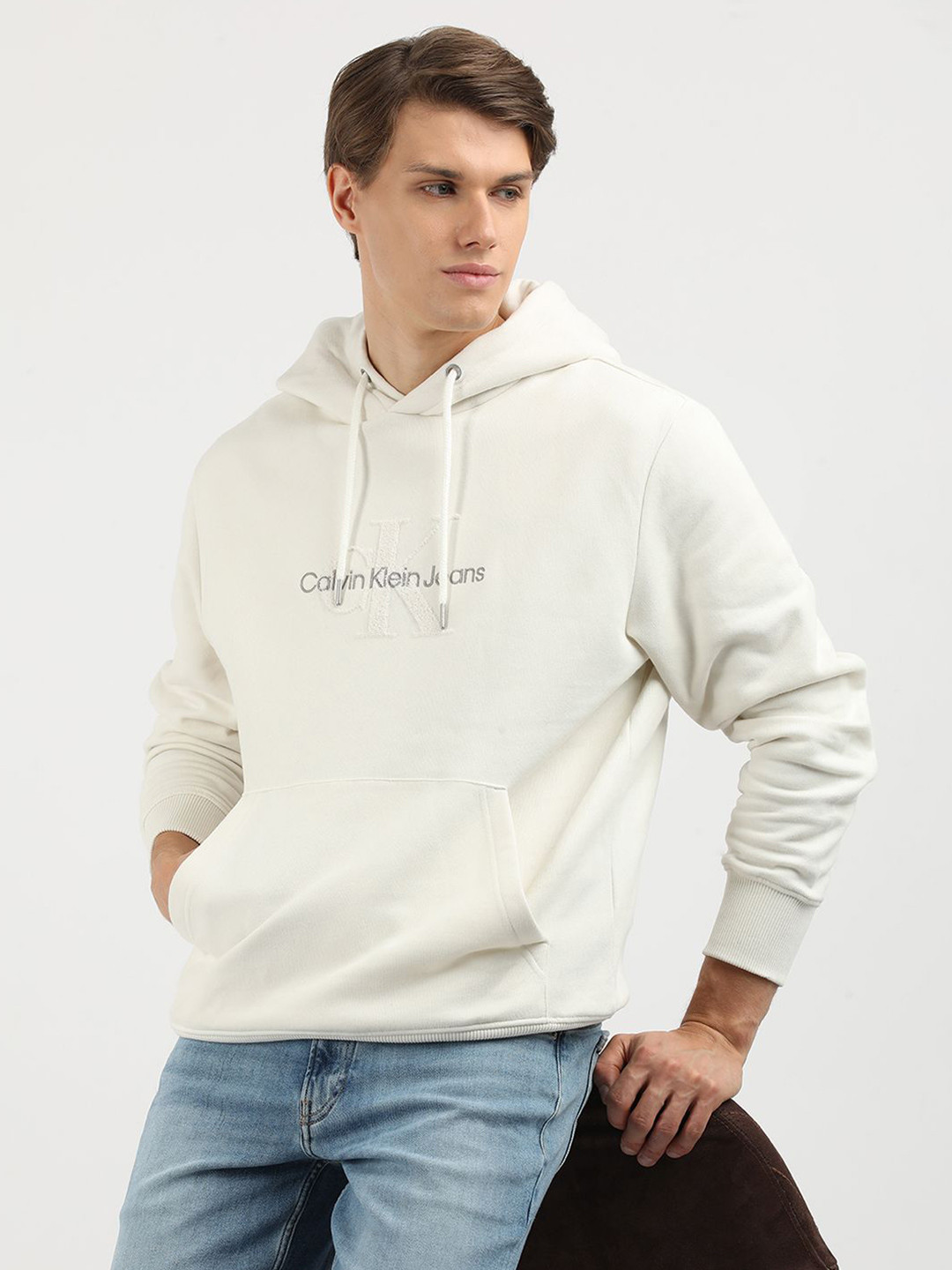 Calvin Klein Jeans Men Brand Logo Printed Hood Cotton Pullover Sweatshirt