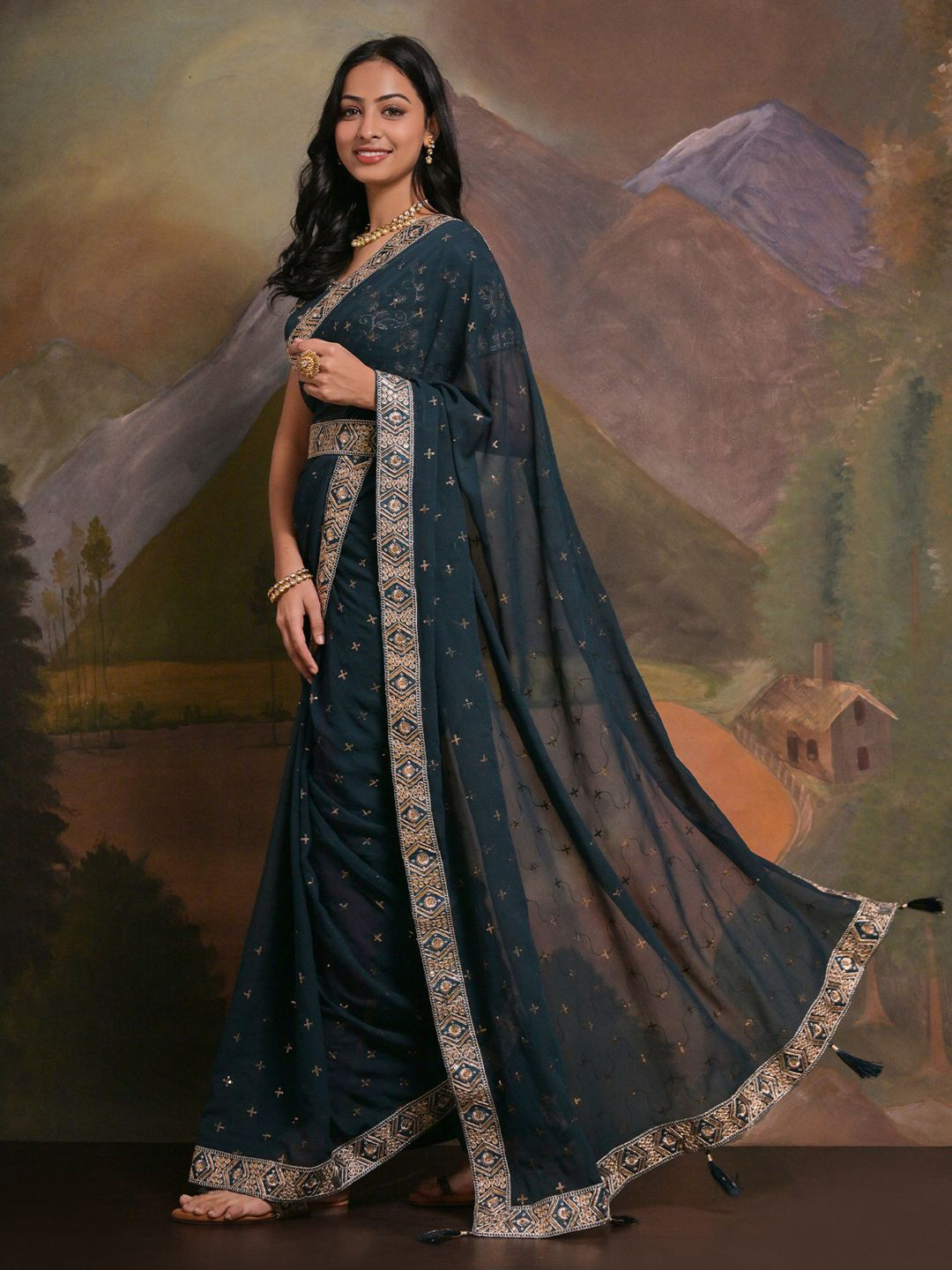 Sangria Embellished Belted Saree With Blouse Piece