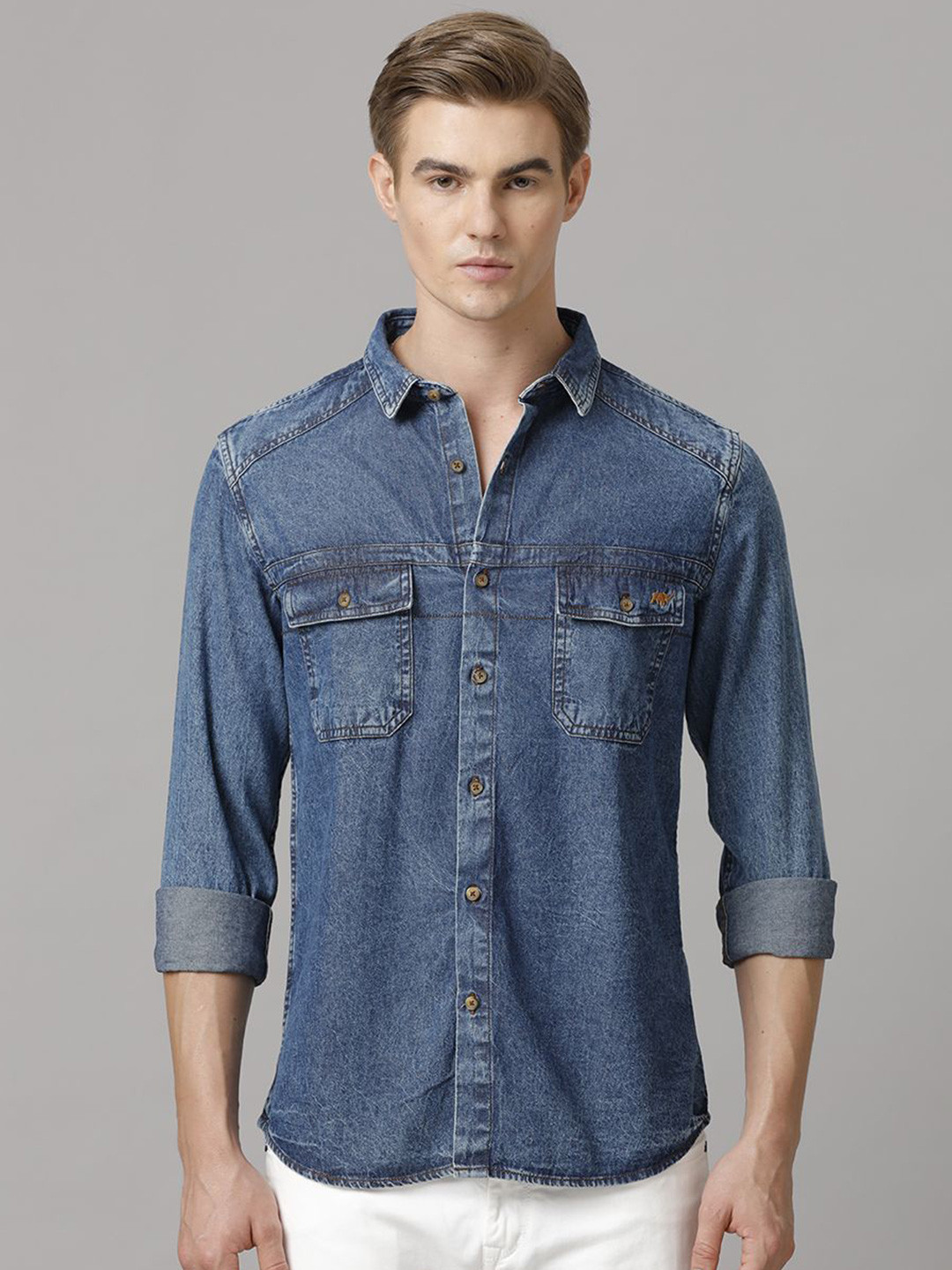 TEMPLE OF DENIM Men India Slim Spread Collar Solid Denim Casual Shirt